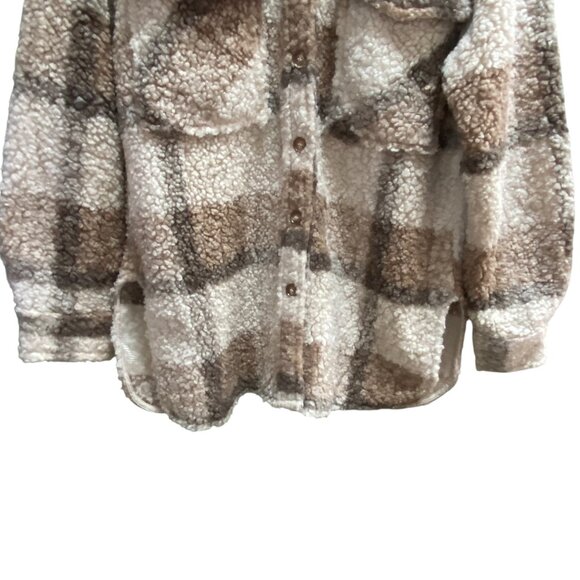 Plaid Teddy Sherpa Shacket Wm Sz M Brown Shirt Jacket Oversized Country Western - Picture 5 of 14